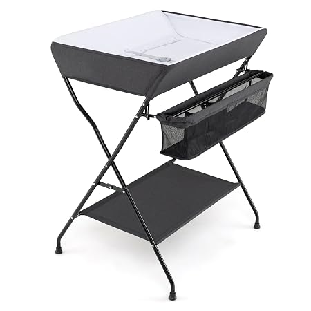 HONEY JOY Changing Table, Folding Nursery Organizer with Open Shelf & Safety Belt, Portable Diaper Changing Station for 