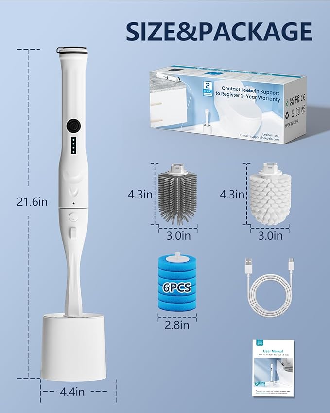 Electric Toilet Brush and Holder Set, Leebein 8 in 1 Electric Toilet Bowl Cleaning Kit with 8 Replaceable Brushes, Hard Nylon Brush and Soft Silicone Brush, 6 Refills Disposable Cleaner Brush