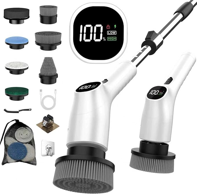 WKY-Electric Spin Scrubber - 10-in-1 Cordless Shower Scrubber & Cleaning Brush with Extendable Handle, 2 Speeds, IPX7 Waterproof Brush Heads, LED Display, Smart AI Chip,for Bathroom, Kitchen White