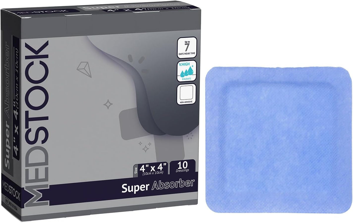 Super Absorber Dressing, 4"x4" (Pack of 10), Wound Care, Ultimate Absorption, Holds Extra Volumes of Exudate, Less Frequent Dressing Changes, Reduces Damage Risk & Maceration