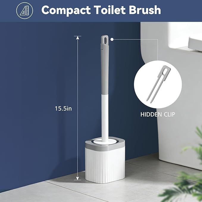 Toilet Brush, 2 Pack Compact Toilet Bowl Brush and Holder Set with Nylon Bristles Toilet Cleaner Brush Hidden Toilet Scrubber Brush for Bathroom Cleaning, Grey & White