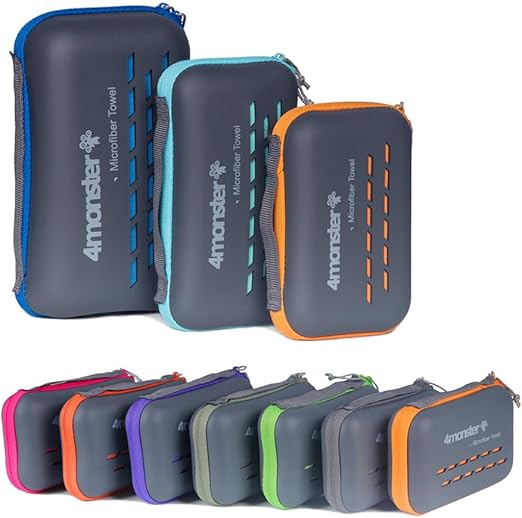 4Monster Quick Dry Travel Towel with Case & Carabiner – Super Absorbent Microfiber Gym & Camping Towel. Compact, Lightwe