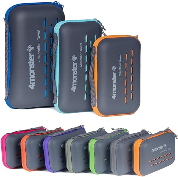 4Monster Quick Dry Travel Towel with Case & Carabiner – Super Absorbent Microfiber Gym & Camping Towel. Compact, Lightwe
