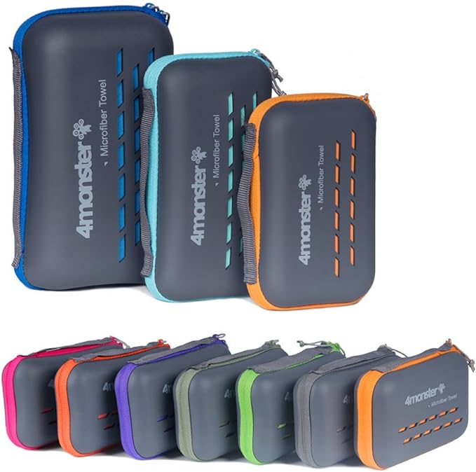 4Monster Quick Dry Travel Towel with Case & Carabiner – Super Absorbent Microfiber Gym & Camping Towel. Compact, Lightwe