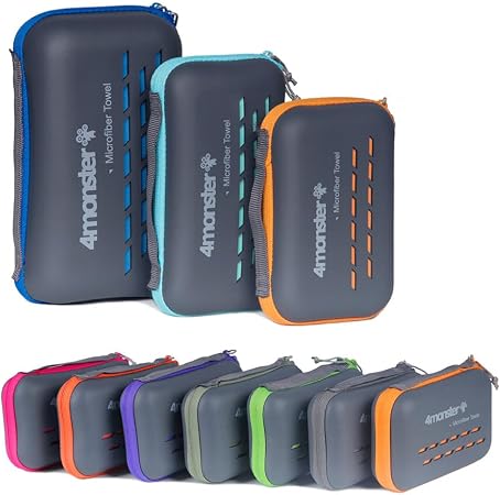 4Monster Quick Dry Travel Towel with Case & Carabiner – Super Absorbent Microfiber Gym & Camping Towel. Compact, Lightwe