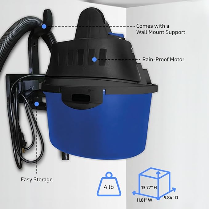 Koblenz Wet Dry Vacuum Cleaner, 2.5 Gallon 2.5 PHP, 60 CFM, 10 ft Reach, TWIST-N-LOCK Hose, Wall Mount, Small Shop Vac, Portable Shop Vac for Home Car Garage, Accessories Included, Blue/Black, WD-2.5L