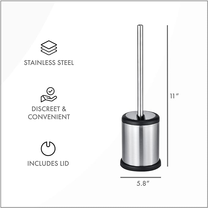 ToiletTree Products Toilet Brush with Lid - Sleek Toilet Bowl Brush and Holder - Toilet Scrubber Brush Set with Heavy-Weight Base - Lidded Toilet Bowl Cleaner Brush and Holder - Chrome
