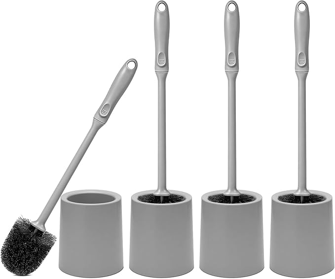 Toilet Brush and Holder 4 Pack with Long Handle - Non-Slip Grip Toilet Bowl Brush Set for Deep Cleaning Bathroom, Toilet Scrubber- Gray