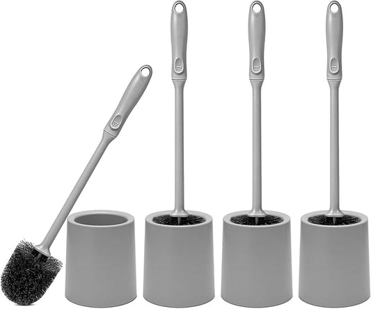 Toilet Brush and Holder 4 Pack with Long Handle - Non-Slip Grip Toilet Bowl Brush Set for Deep Cleaning Bathroom, Toilet Scrubber- Gray