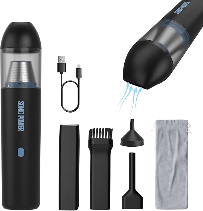 SonicPower Portable Cordless Car Vacuum, 15000Pa High Suction Handheld Vacuum Cleaner, 2-in-1 Vacuum & Blower, with 4 Attachments & Portable Storage Bag for Car, Home, Pet & Office (Black & Blue)