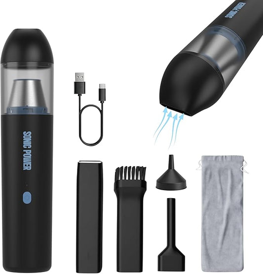SonicPower Portable Cordless Car Vacuum, 15000Pa High Suction Handheld Vacuum Cleaner, 2-in-1 Vacuum & Blower, with 4 Attachments & Portable Storage Bag for Car, Home, Pet & Office (Black & Blue)