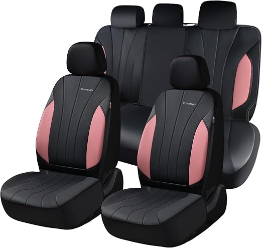 Coverado Automotive Car Seat Covers, Luxury Seat Covers Full Set, Leather Car Seat Protectors with Storage Bags, Pink Dr