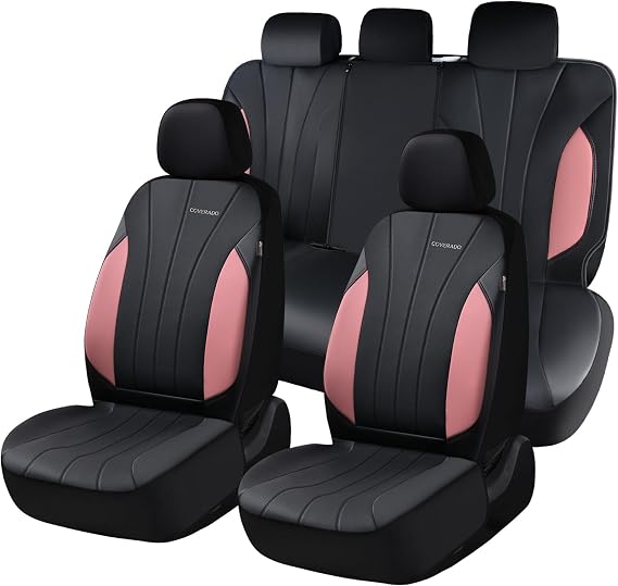 Coverado Automotive Car Seat Covers, Luxury Seat Covers Full Set, Leather Car Seat Protectors with Storage Bags, Pink Dr