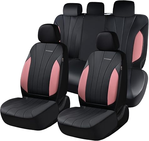 Coverado Automotive Car Seat Covers, Luxury Seat Covers Full Set, Leather Car Seat Protectors with Storage Bags, Pink Dr