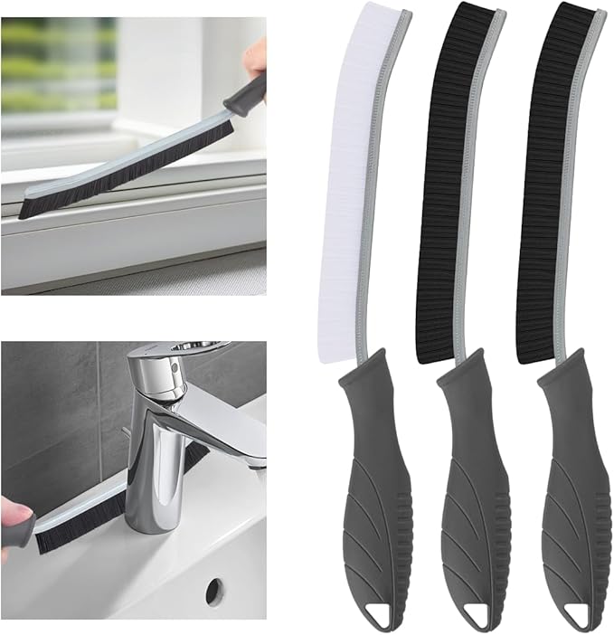 TQRR 3Pcs Hard Bristle Crevice Cleaning Brush, Scrub Brush, Kitchen Sink Cleaning Brush, Grout Brush, Corner Brush Cleaning Tools for Toilet, Bathroom, Gap, Home, Household, Window (3, Grey)