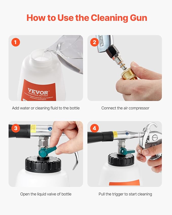 VEVOR Car Cleaning Gun, 6-9.2 Bar High-Pressure Air Blow Gun with 2 Set Nozzles & 1L Liquid Bottle, Vortex Cleaning Gun, Quickly Blasts Dirt and Dust from Surface, Suitable for 1/4 NPT Air Compressor