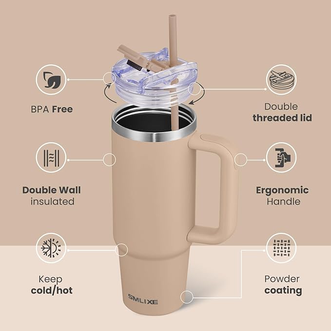 30 oz Tumbler with Handle, Tumbler with Lid and Straw, Double Wall Vacuum Insulated Travel Mug Stainless Steel Tumbler for Hot and Cold, Cupholder Friendly (Mocha)