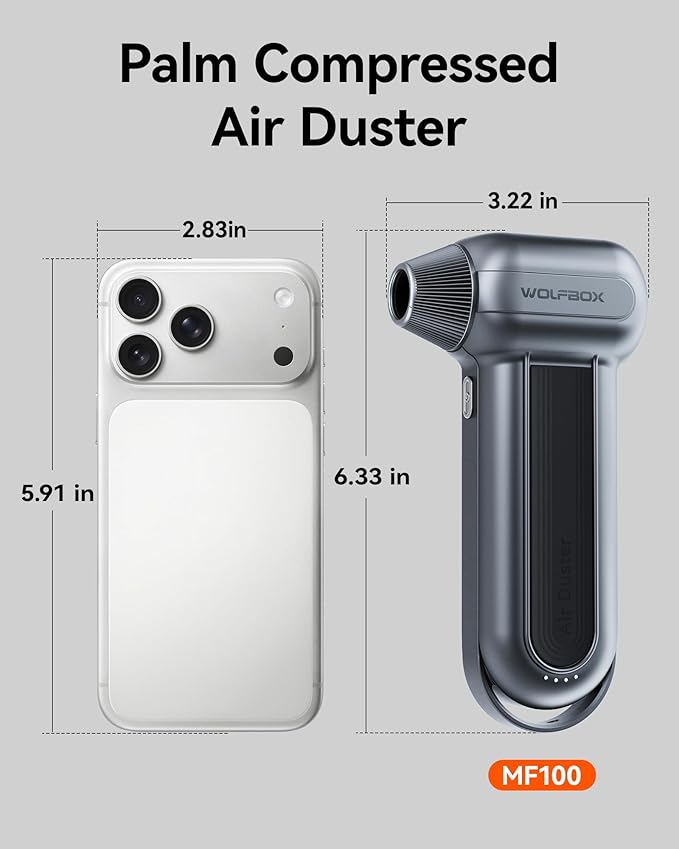 WOLFBOX MF100 Electric Air Duster-150000RPM Super Power Cordless Air Duster, Rechargeable Brushless Motor Durable Blower, 3-Gear Adjustable Dust Blower for Computer, Keyboard, Outdoor, House and Car