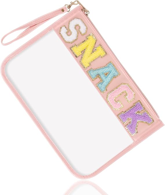 Chenille Letter Clear Snack Bag Purse, Monogram PVC & PU Zipper Pouch With Wristlet, Waterproof Portable Glitter Makeup 