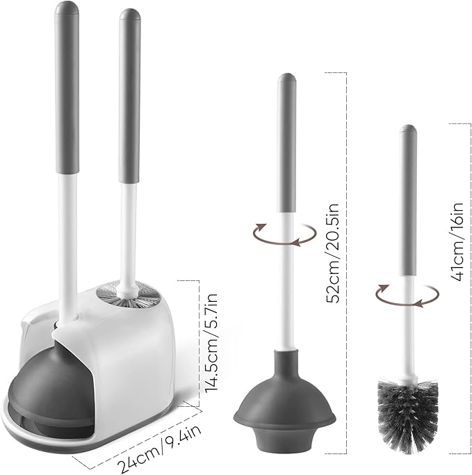 Eyliden Toilet Plunger and Brush Set | 2-in-1 Bathroom Cleaning Tools with Holder | Unclogs Toilets, Deep Cleans Bowls | Compact Caddy Stand | Nylon Bristles, Durable Plastic, White