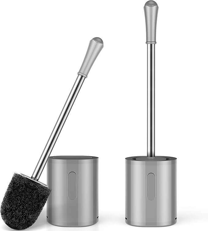 Toilet Brush and Holder Set, 2 Pack with Stainless Steel Handle Toilet Bowl Brush, Compact Toilet Scrubber Brush for Deep Cleaning Bathroom Restroom, Easy to Assemble-Grey