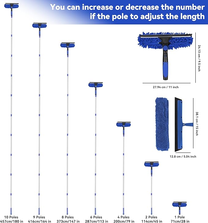 Window Squeegee Tool with Extension Pole: 20+ Feet Microfiber Scrubber Window Cleaning Kit for Rv Truck Bus Car Windshield - 3 to 14 Ft Spliceable Extendable Long Duster for High Outside Solar Panel