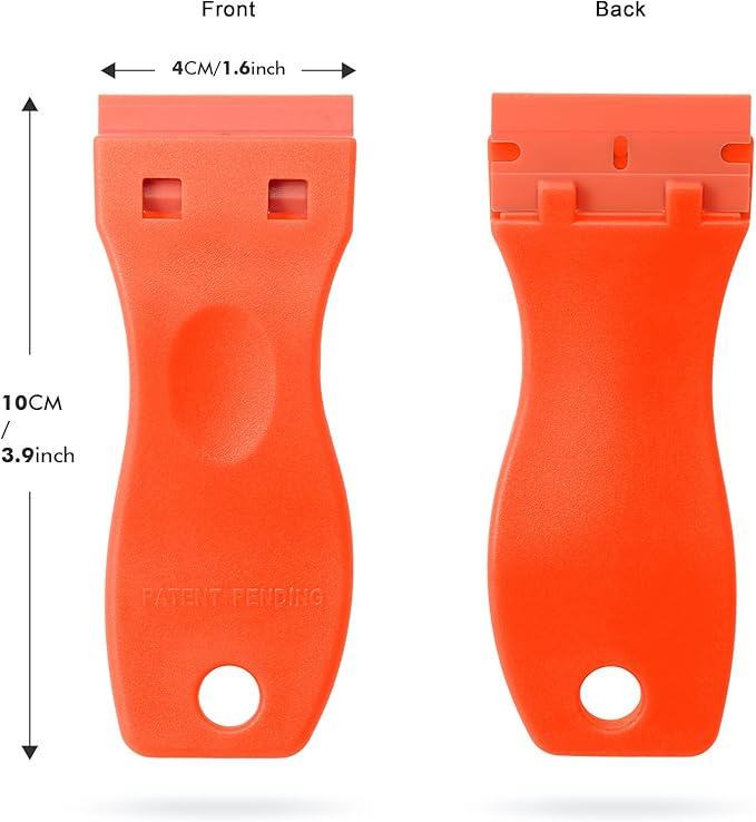 FOSHIO 2PCS Orange Plastic Razor Blade Scraper Tool and 100PCS Orange Plastic Blades for Gasket Remover, Sticker Remover, Labels Decal and Adhesive Remover for Windows and Glass