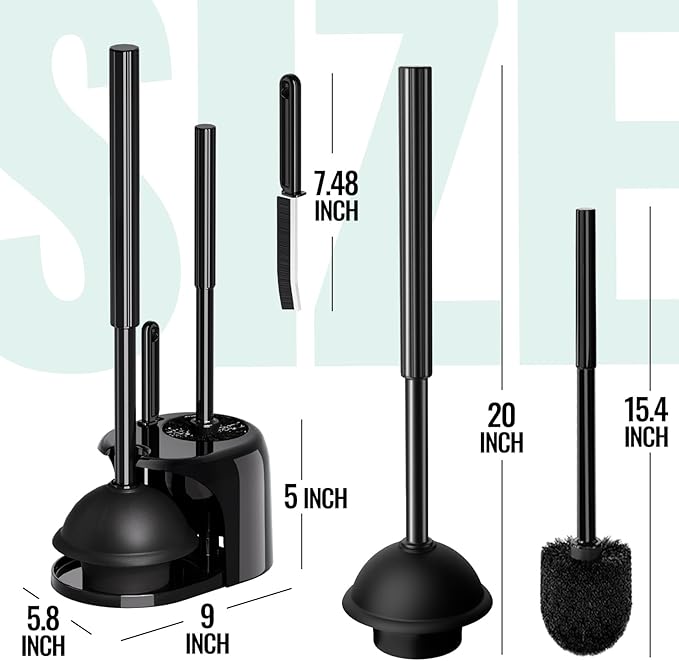2PACK 3 in 1 Toilet Brush and Plunger Set with Crevice Cleaning Brush, Toilet Plunger and Brush Set with Extra Long Handle, Plungers for Bathroom Accessories, Bright Black