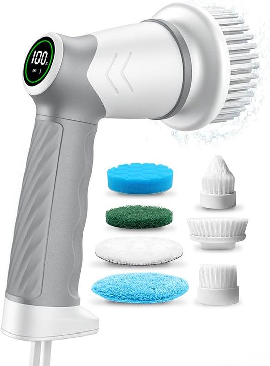 DAESUNG Electric Spin Scrubber, Cordless Power Scrubber & Electric Cleaning Brush with 7 Replaceable Heads, Dual Speed IPX7 Waterproof Handheld Scrubber for Bathroom, Shower & Tile Cleaning