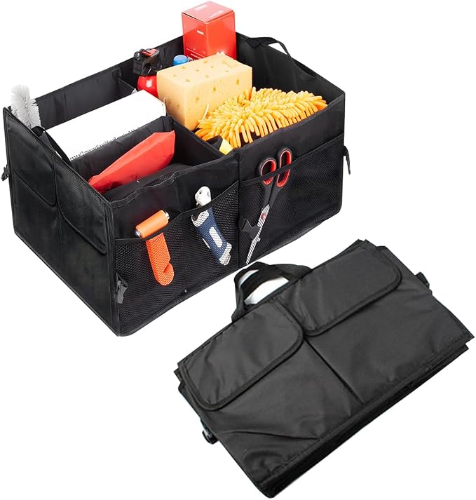 Mandark Car Trunk Organizer, Collapsible Multi Compartment Vehicle Storage Box, Waterproof Adjustable Automotive Organiz
