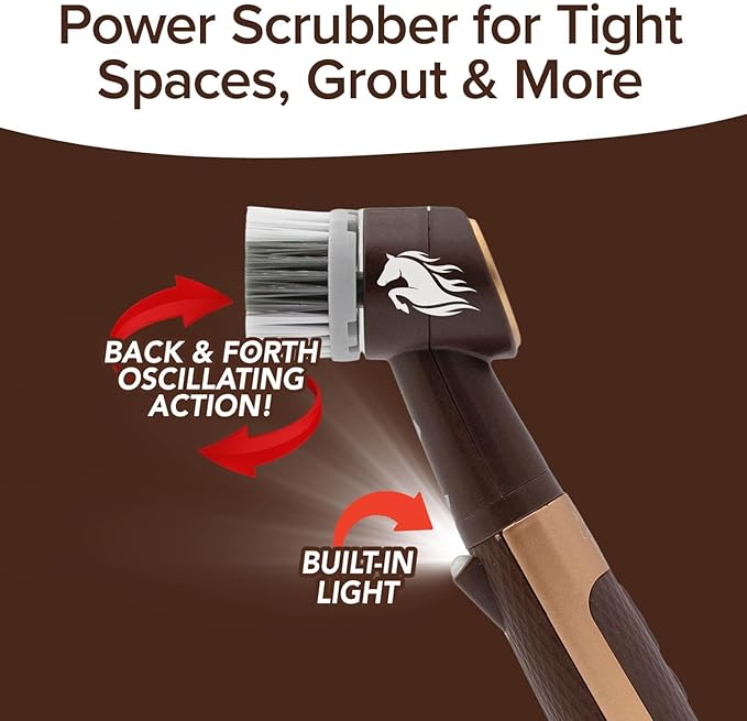 Horsepower Pocket Pony GOLD Edition Oscillating Power Scrubber w/Longer RunTime, Waterproof, Cordless/Rechargeable, Pocket-Sized, Deep Clean Tight Spaces, Grout Lines, Corners, 5 Heads & LED