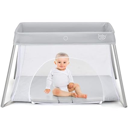 BABY JOY 2 in 1 Travel Crib with Side Zipper, Portable Baby Playard with Soft Washable Mattress, Installation-Free Home 