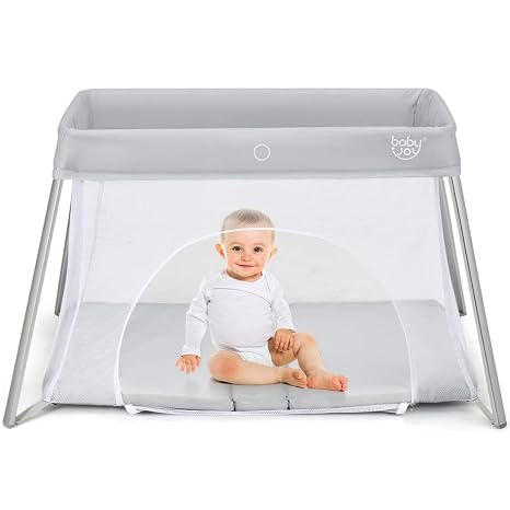 BABY JOY 2 in 1 Travel Crib with Side Zipper, Portable Baby Playard with Soft Washable Mattress, Installation-Free Home 