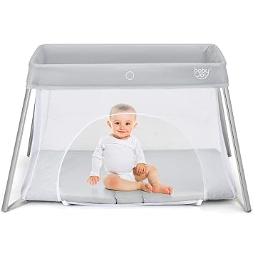BABY JOY 2 in 1 Travel Crib with Side Zipper, Portable Baby Playard with Soft Washable Mattress, Installation-Free Home 