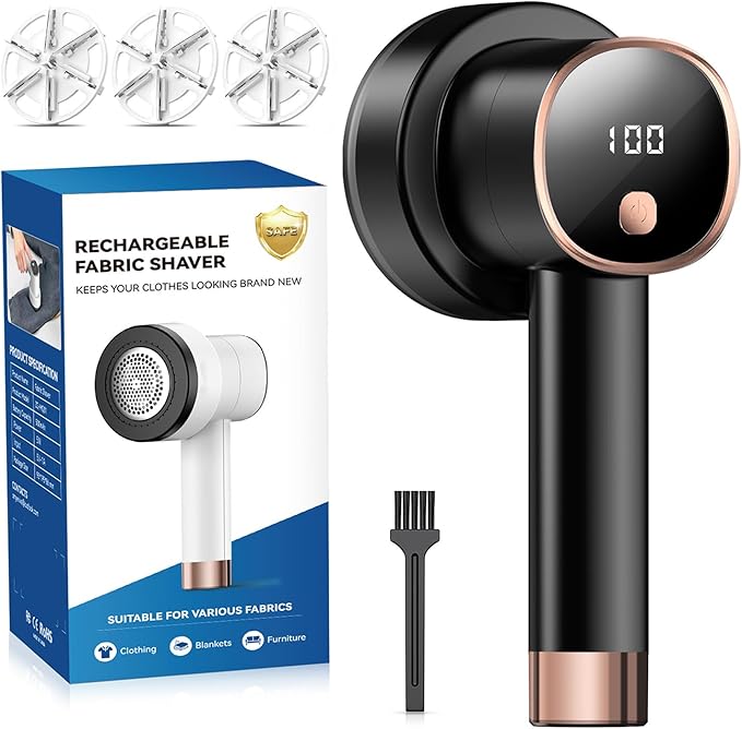 Rechargeable Fabric Shaver for Clothes: 6-Leaf Blades & 3 Speeds to Remove Pilling, Fuzz & Lint Balls - with LED Display, Portable Electric Lint Remover for Sweater, Couch, Blanket, Furniture