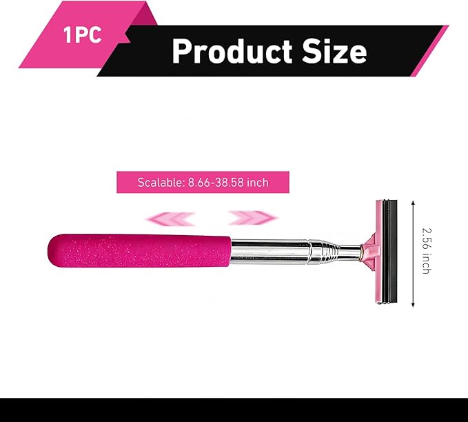 CouTun Car Side Mirror Squeegee, Retractable Car Rearview Mirror Wiper, 38.6in Long Handle Auto Glass Cleaning Tool, Multi-Functional Portable Side Mirror Wiper (Pink)