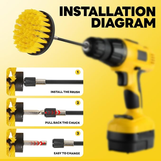 6Pcs Drill Brush Cleaning Kit with Extendable Rod, Yellow Power Scrubber Attachments for Shower, Tub, Tile, Grout, Kitchen and Car (Yellow-6pcs)
