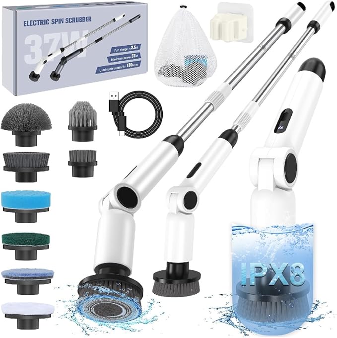 Electric Spin Scrubber, [IPX8 Waterproof ] [50KG Torque] Shower Scrubber with 9 Brush Heads, 2 Speed Mode, 4 Adjustable Angles, Electric Brush for Cleaning for Bathroom Floor Tile