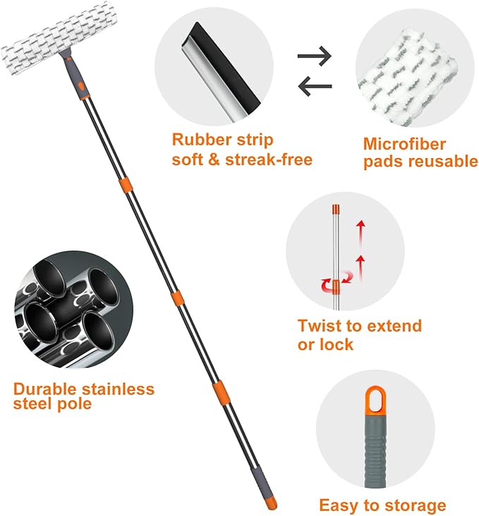 Squeegee for Window Cleaning,12" Squeegee and 11" Microfiber Scrubber Combi with Stainless Steel Pole,Extendable Window Cleaner for Car,Sliding Door,Shower Glass Door-Swivel Style-2 Pads