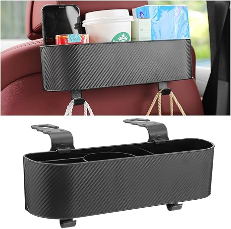 BELOMI Car Headrest Backseat Organizer with Cup Holder, Seat Back Hanging Storage Box with Hooks, Multi-Functional Drink