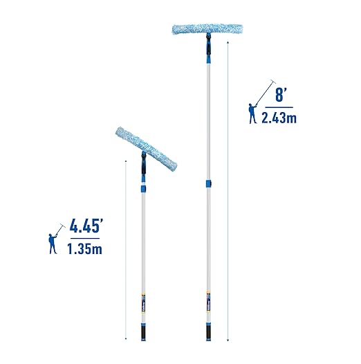 Unger Professional Connect and Clean 18” Grip Microfiber Window Scrubber with 8’ Pole, High-Access Glass Surface Household Cleaning Supplies and Tools, Reusable Microfiber Sleeve