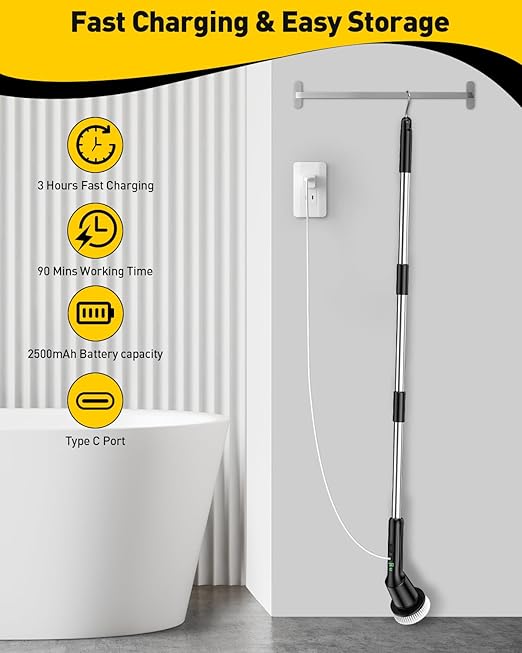Electric Spin Scrubber for Cleaning Bathroom, Shower Scrubber Rotary Floor Brushes with IPX7 Waterproof & 2 Speed, 3 Brush Heads, Bathroom Cleaning Supplies for Toilet Shower Tub Dark