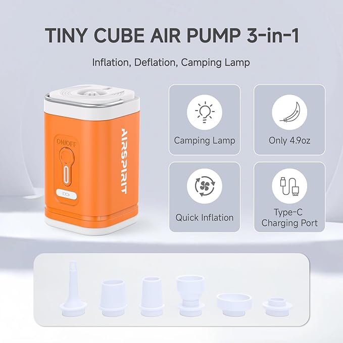 Portable Electric Mini Air Pump for Inflatables 2400mAh Rechargeable-Camping (SOS) Light,5 Universal Nozzles,Carabiner Clip-Fast Inflate/Deflate Pool Float/Air Mattress Bed/Vacuum Bag Home Storage