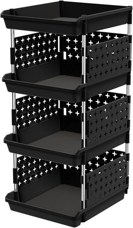 Lifewit 4 Tier Plastic Stackable Storage Baskets for Clothes 1 Pack, Black