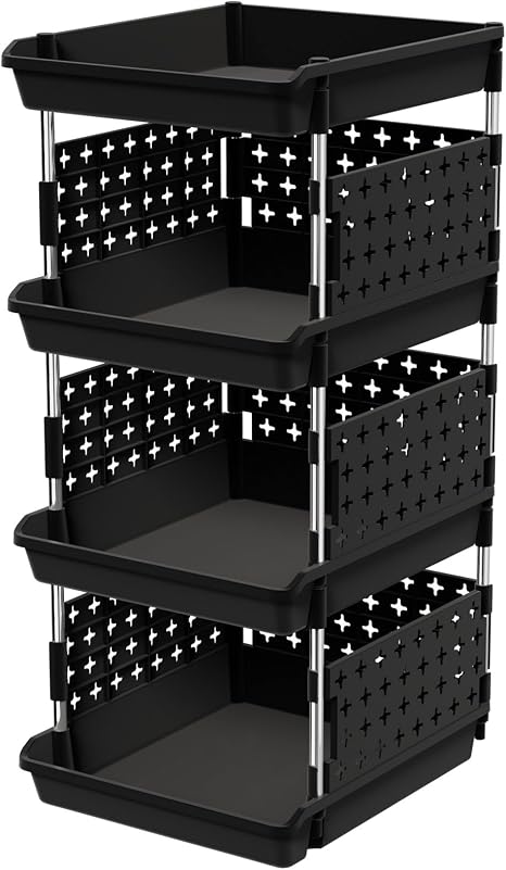 Lifewit 4 Tier Plastic Stackable Storage Baskets for Clothes 1 Pack, Black