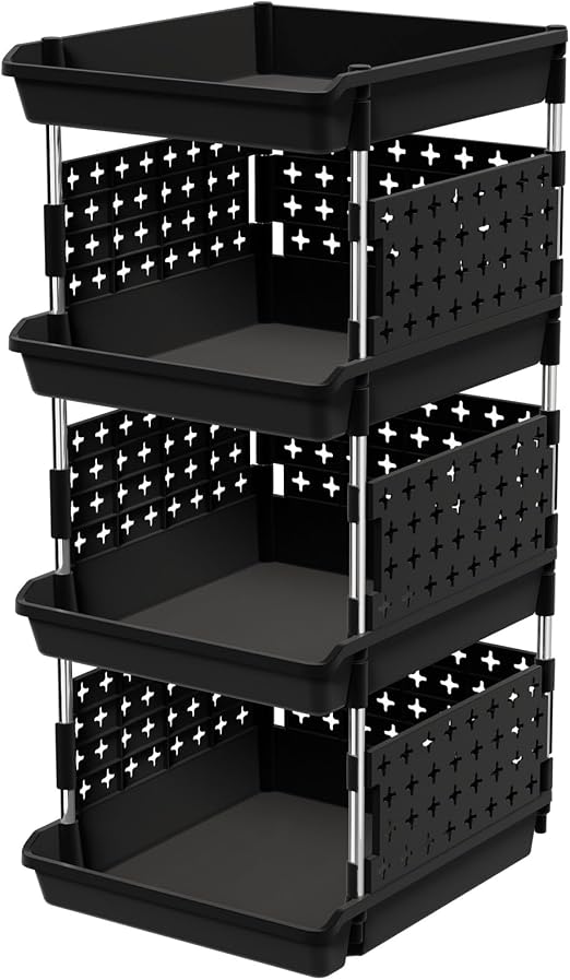 Lifewit 4 Tier Plastic Stackable Storage Baskets for Clothes 1 Pack, Black