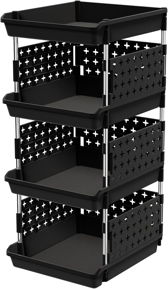 Lifewit 4 Tier Plastic Stackable Storage Baskets for Clothes 1 Pack, Black
