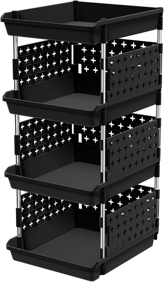 Lifewit 4 Tier Plastic Stackable Storage Baskets for Clothes 1 Pack, Black