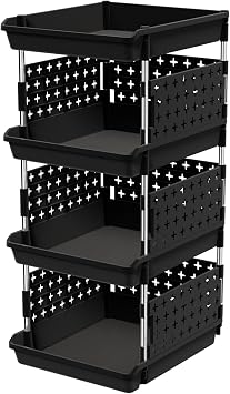 Lifewit 4 Tier Plastic Stackable Storage Baskets for Clothes 1 Pack, Black