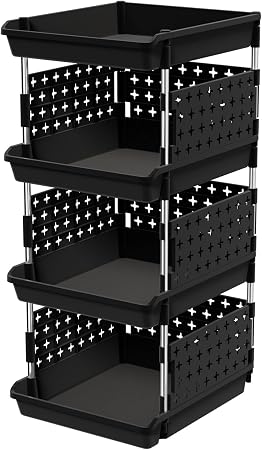 Lifewit 4 Tier Plastic Stackable Storage Baskets for Clothes 1 Pack, Black